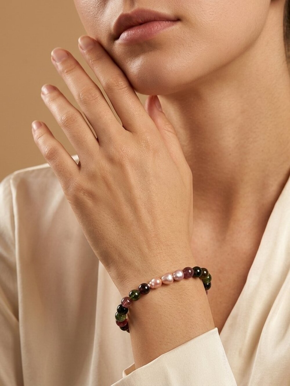 Tourmaline Bracelet w/Edison Pearls, Natural Green Tourmaline Stretch Bracelet
